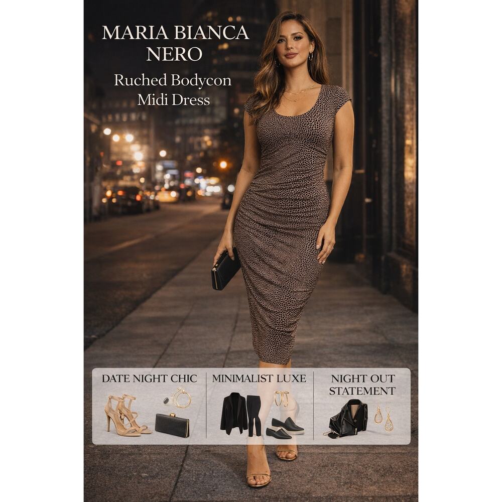 Maria Bianca Nero Ruched Bodycon Midi Dress Brown Animal Print SZS